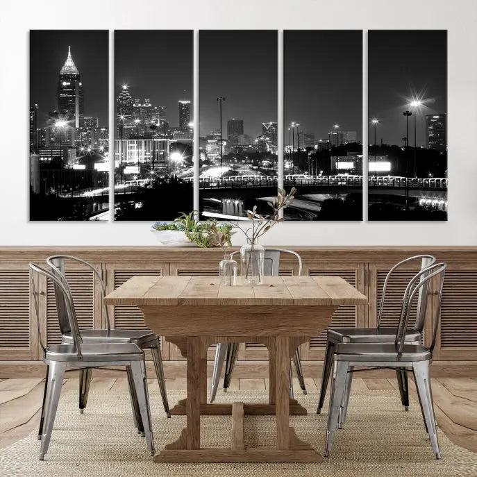 The living room features the striking Black White Atlanta Wall Art Cityscape Canvas Print on the wall. This gallery-wrapped artwork is beautifully displayed on museum-quality canvas, complete with a UV-protective coating to maintain its allure.