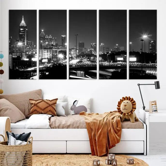 The living room features the striking Black White Atlanta Wall Art Cityscape Canvas Print on the wall. This gallery-wrapped artwork is beautifully displayed on museum-quality canvas, complete with a UV-protective coating to maintain its allure.