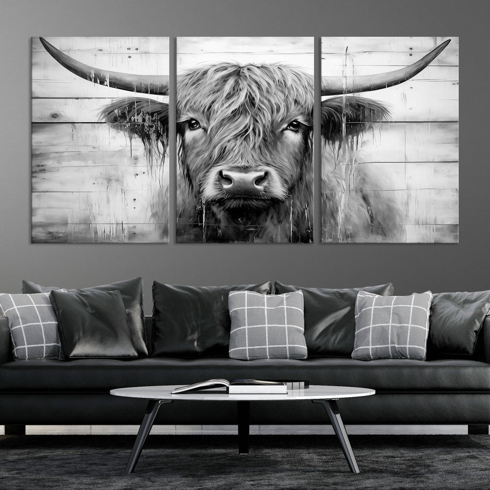 Edit-Images-Black White Highland Cow Wall Art Canvas Print