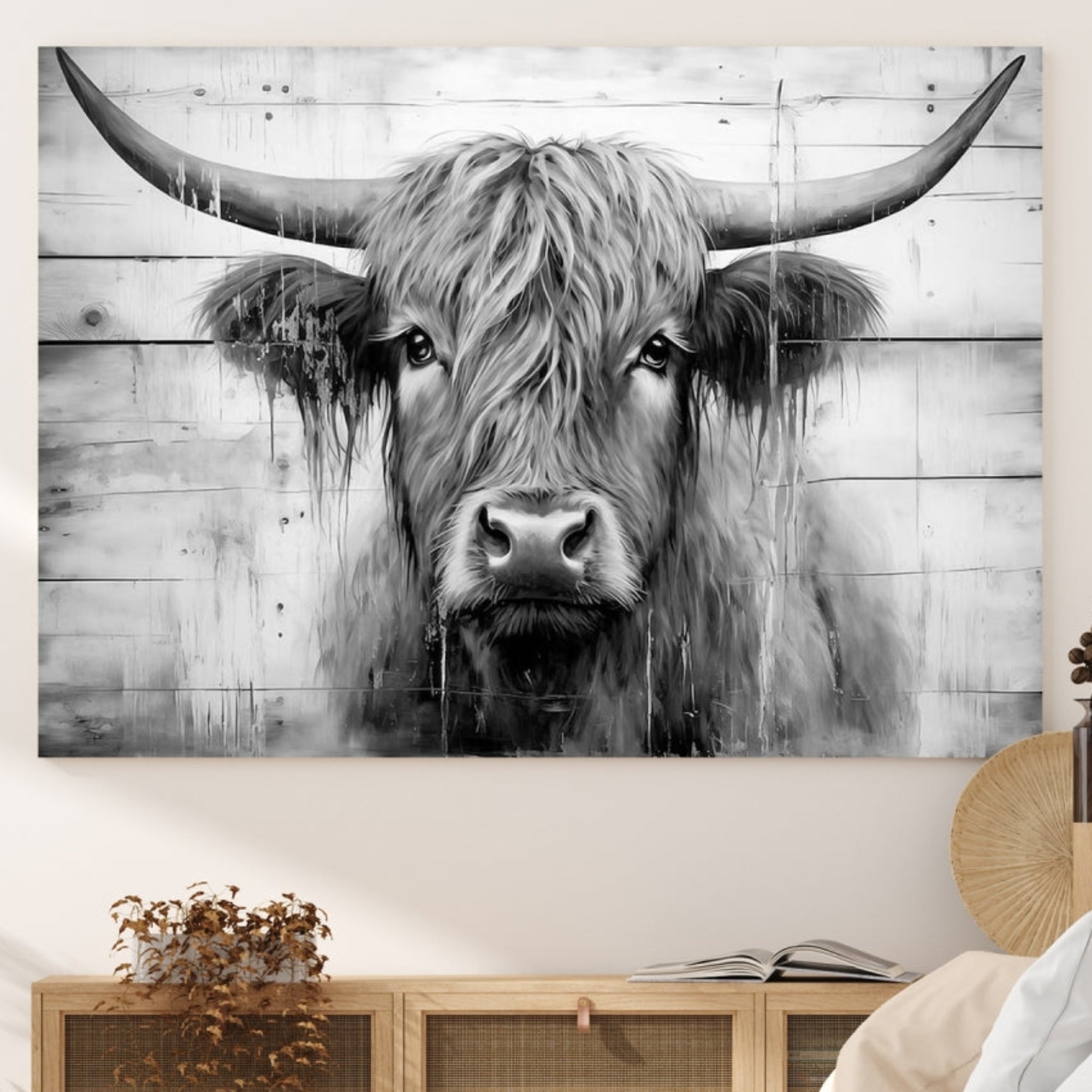 Edit-Images-Black White Highland Cow Wall Art Canvas Print