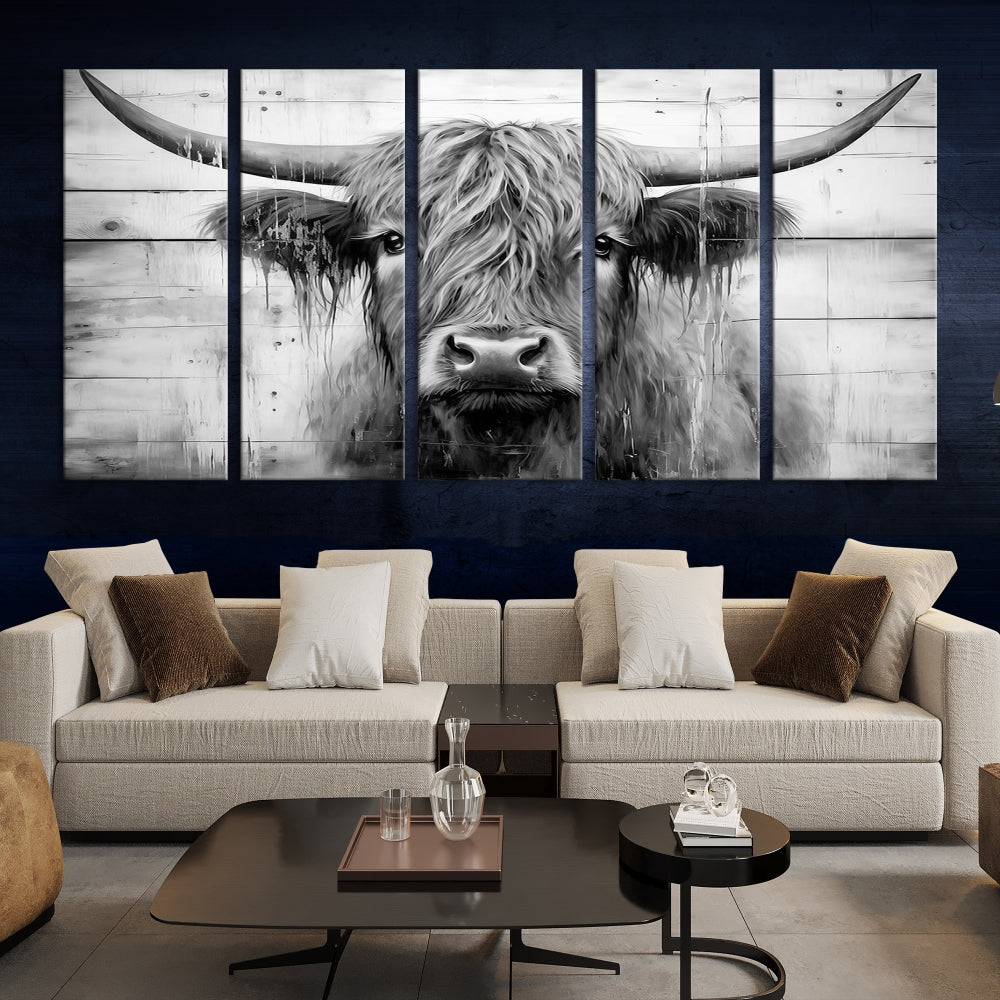 Edit-Images-Black White Highland Cow Wall Art Canvas Print