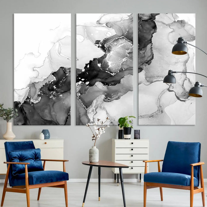 Modern living room showcasing a gallery-wrapped Black White Marble Abstract Wall Art Canvas Print.