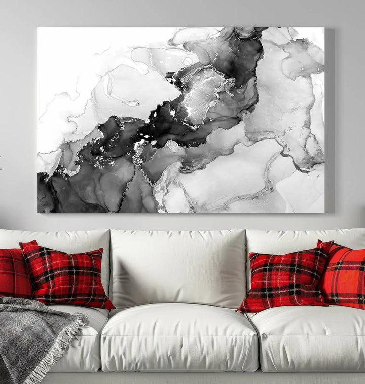 Modern living room showcasing a gallery-wrapped Black White Marble Abstract Wall Art Canvas Print.