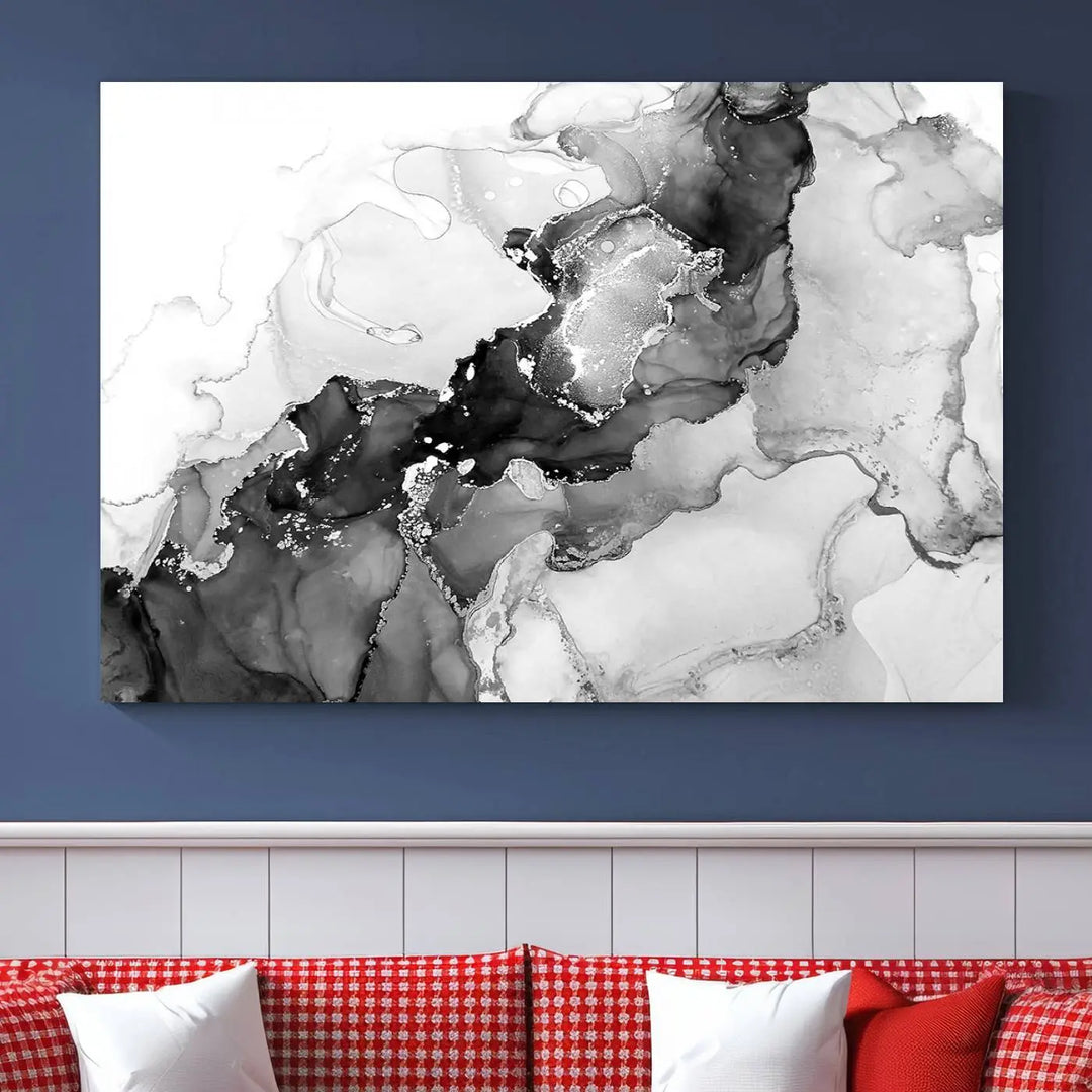 Modern living room showcasing a gallery-wrapped Black White Marble Abstract Wall Art Canvas Print.