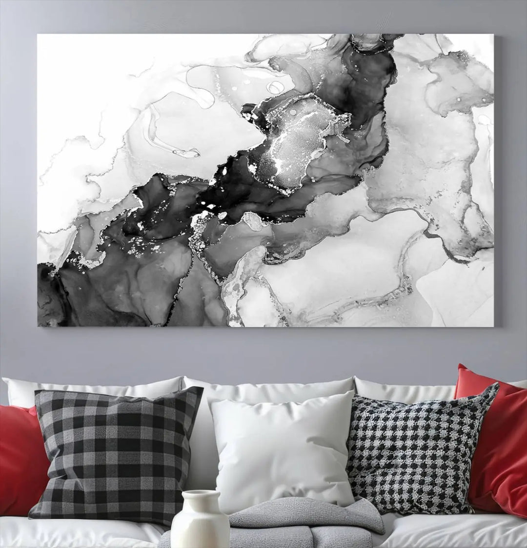 Modern living room showcasing a gallery-wrapped Black White Marble Abstract Wall Art Canvas Print.