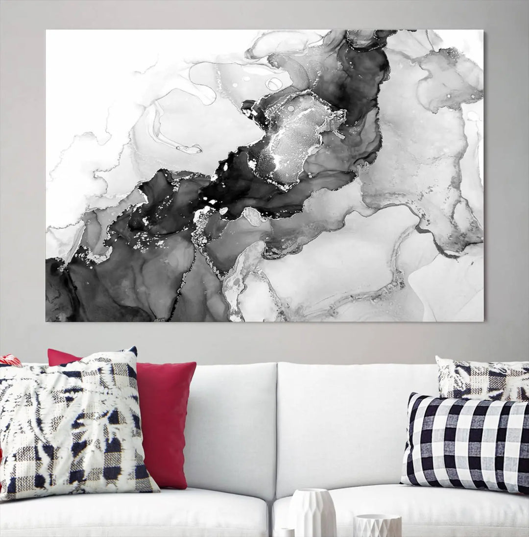 Modern living room showcasing a gallery-wrapped Black White Marble Abstract Wall Art Canvas Print.