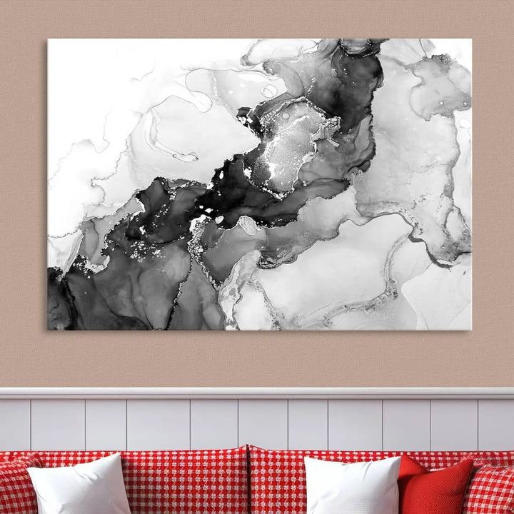 Modern living room showcasing a gallery-wrapped Black White Marble Abstract Wall Art Canvas Print.