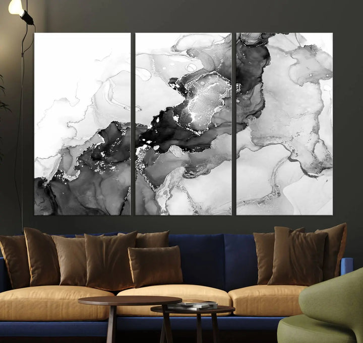 Modern living room showcasing a gallery-wrapped Black White Marble Abstract Wall Art Canvas Print.