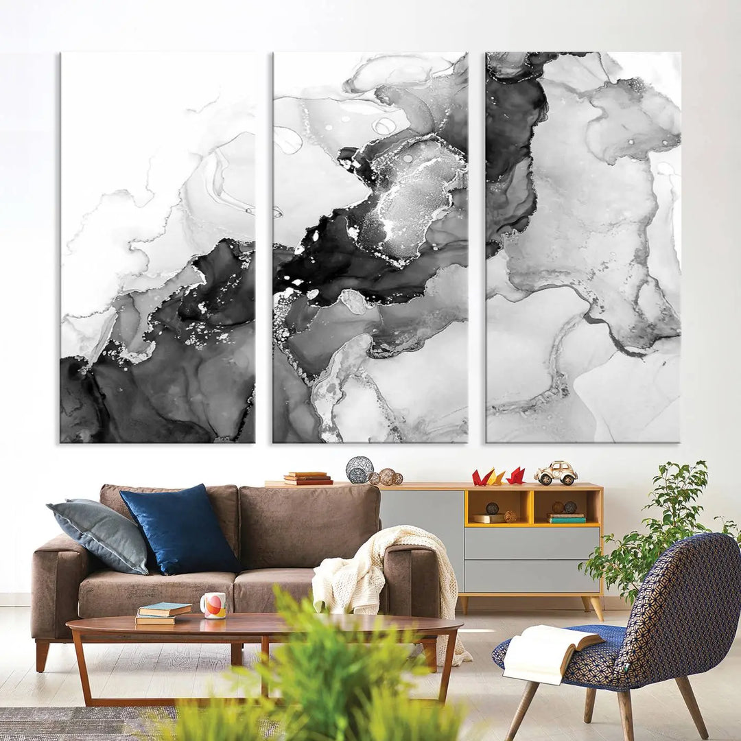 Modern living room showcasing a gallery-wrapped Black White Marble Abstract Wall Art Canvas Print.