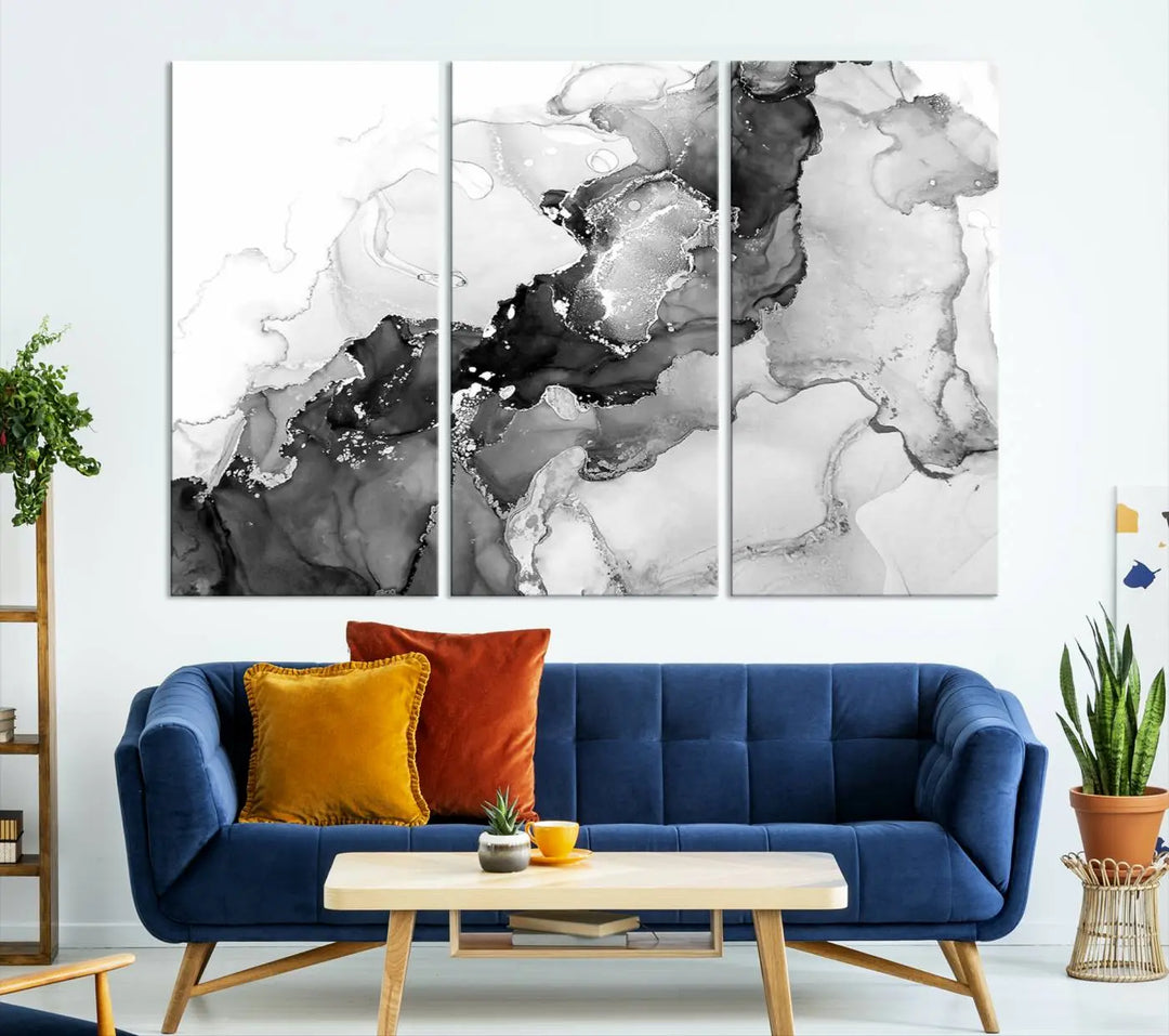 Modern living room showcasing a gallery-wrapped Black White Marble Abstract Wall Art Canvas Print.