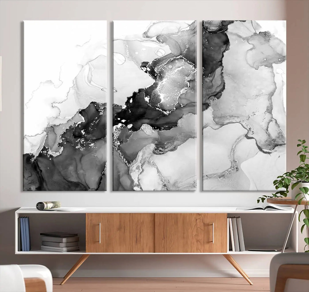 Modern living room showcasing a gallery-wrapped Black White Marble Abstract Wall Art Canvas Print.