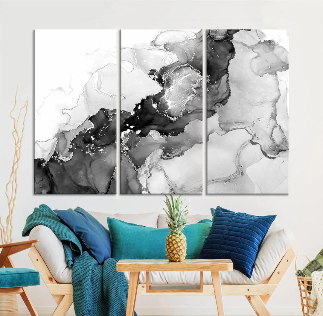 Modern living room showcasing a gallery-wrapped Black White Marble Abstract Wall Art Canvas Print.