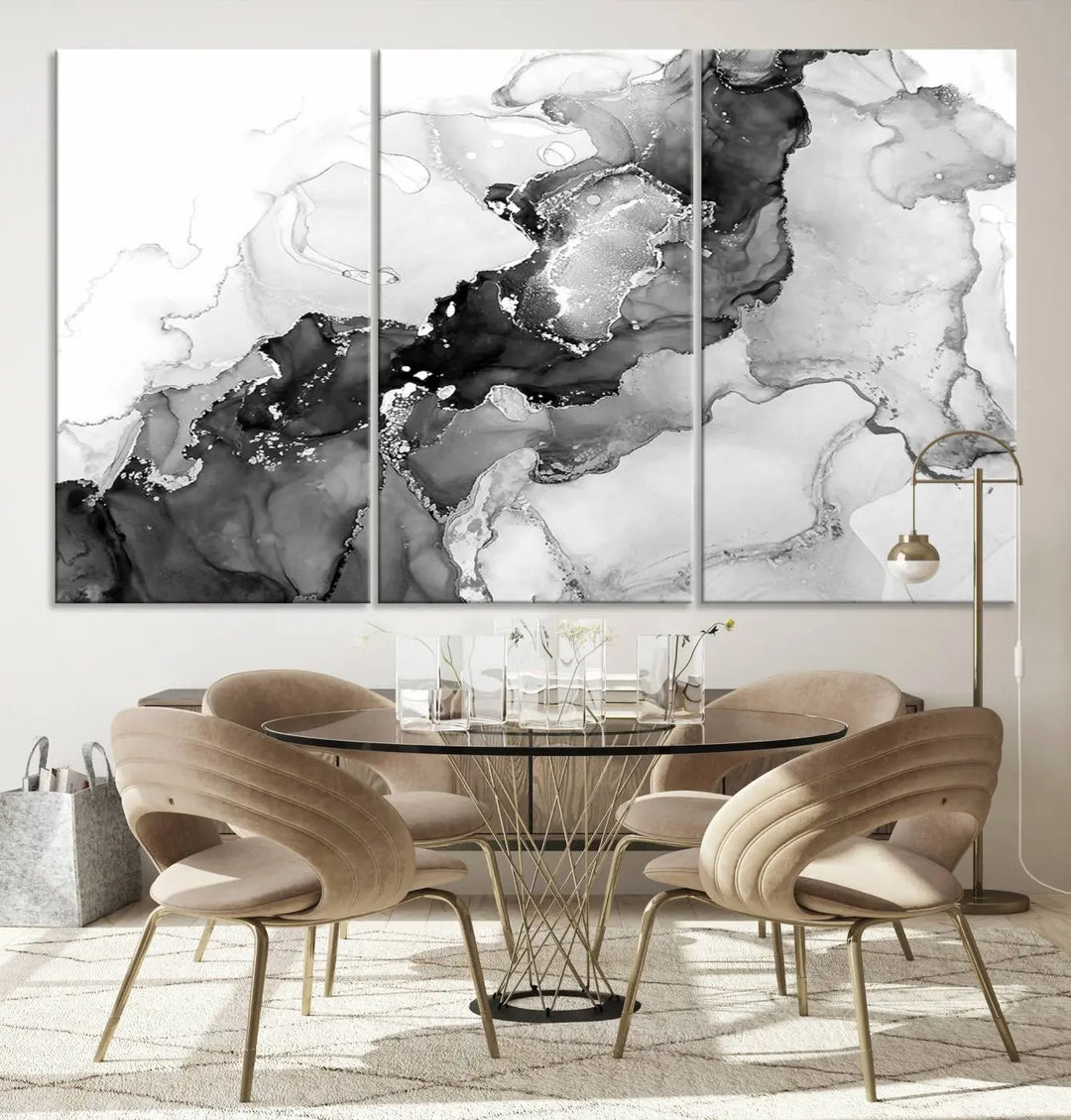 Modern living room showcasing a gallery-wrapped Black White Marble Abstract Wall Art Canvas Print.