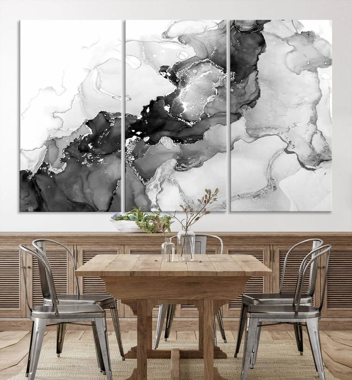 Modern living room showcasing a gallery-wrapped Black White Marble Abstract Wall Art Canvas Print.