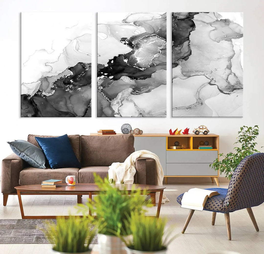 Modern living room showcasing a gallery-wrapped Black White Marble Abstract Wall Art Canvas Print.