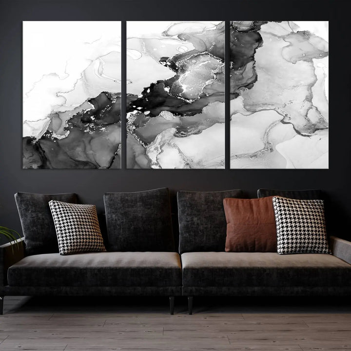 Modern living room showcasing a gallery-wrapped Black White Marble Abstract Wall Art Canvas Print.