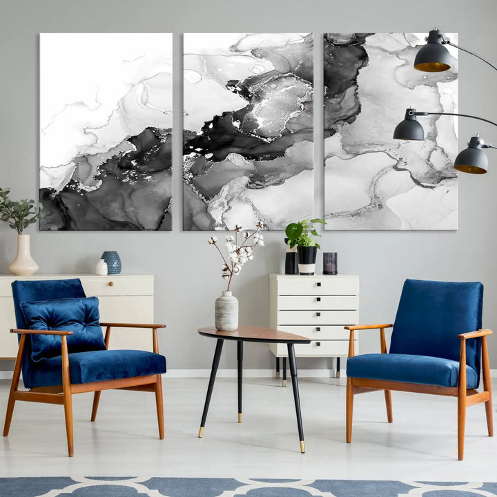 Modern living room showcasing a gallery-wrapped Black White Marble Abstract Wall Art Canvas Print.