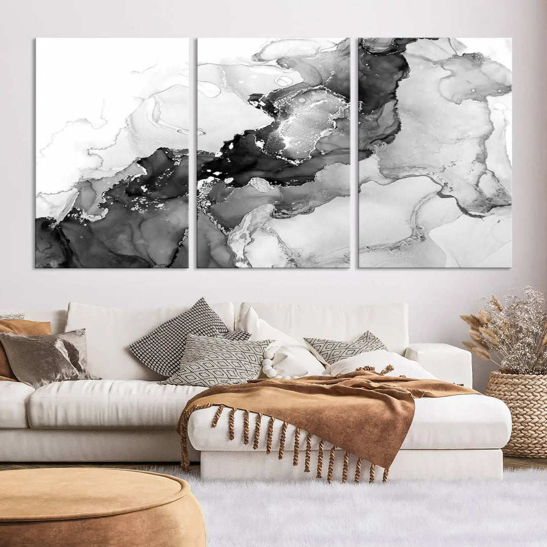 Modern living room showcasing a gallery-wrapped Black White Marble Abstract Wall Art Canvas Print.