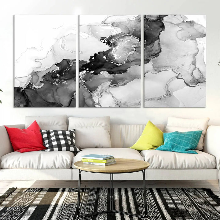 Modern living room showcasing a gallery-wrapped Black White Marble Abstract Wall Art Canvas Print.