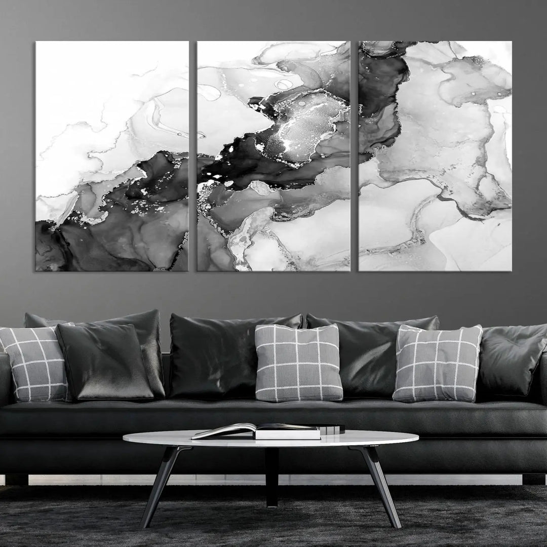 Modern living room showcasing a gallery-wrapped Black White Marble Abstract Wall Art Canvas Print.