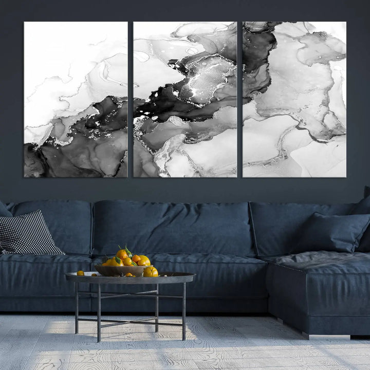 Modern living room showcasing a gallery-wrapped Black White Marble Abstract Wall Art Canvas Print.