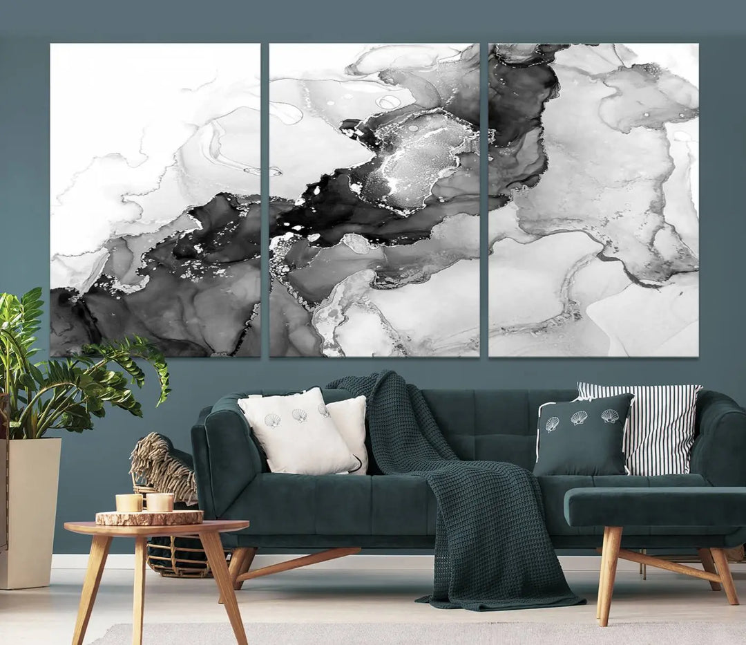 Modern living room showcasing a gallery-wrapped Black White Marble Abstract Wall Art Canvas Print.