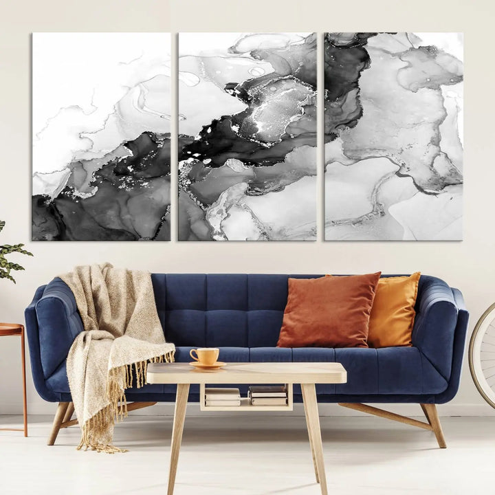 Modern living room showcasing a gallery-wrapped Black White Marble Abstract Wall Art Canvas Print.