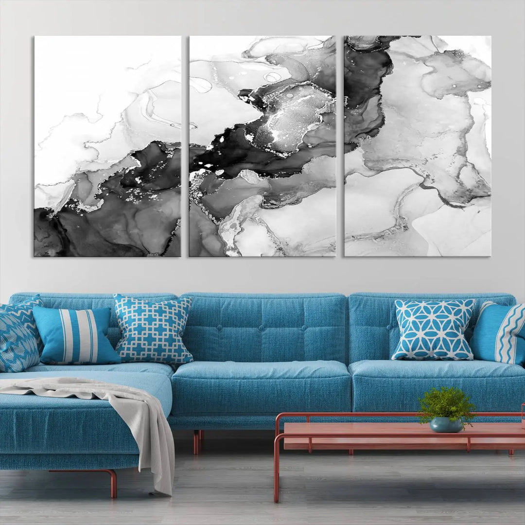 Modern living room showcasing a gallery-wrapped Black White Marble Abstract Wall Art Canvas Print.