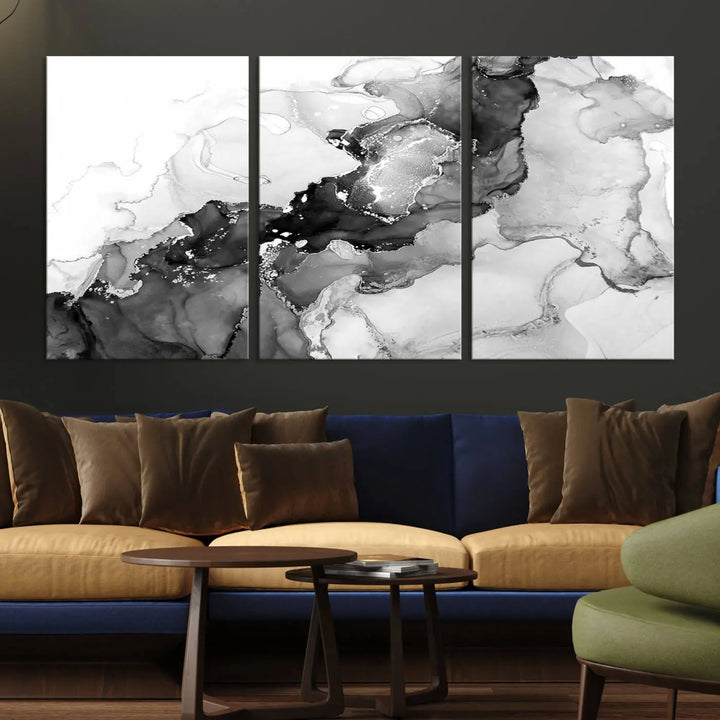 Modern living room showcasing a gallery-wrapped Black White Marble Abstract Wall Art Canvas Print.