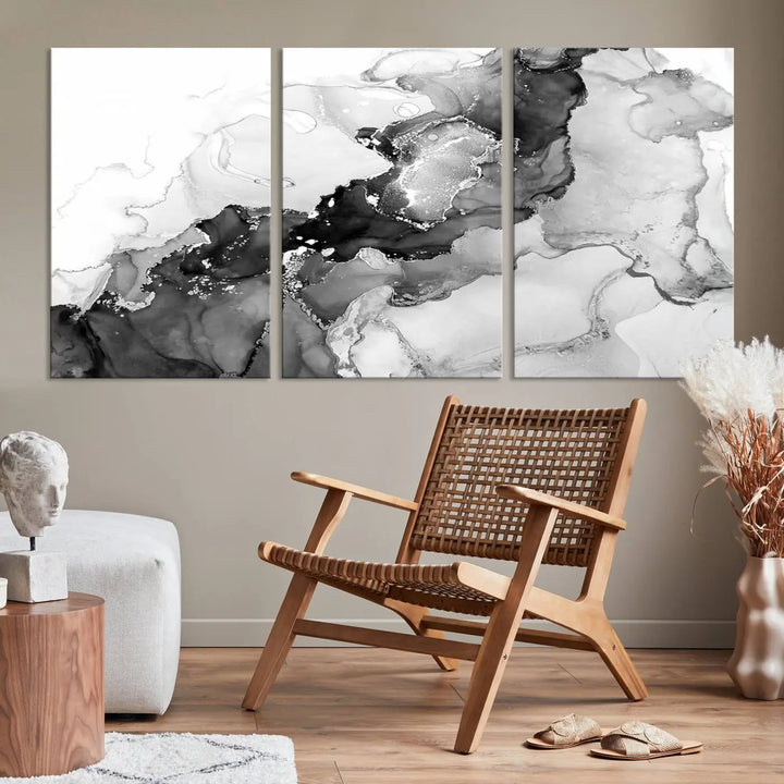 Modern living room showcasing a gallery-wrapped Black White Marble Abstract Wall Art Canvas Print.