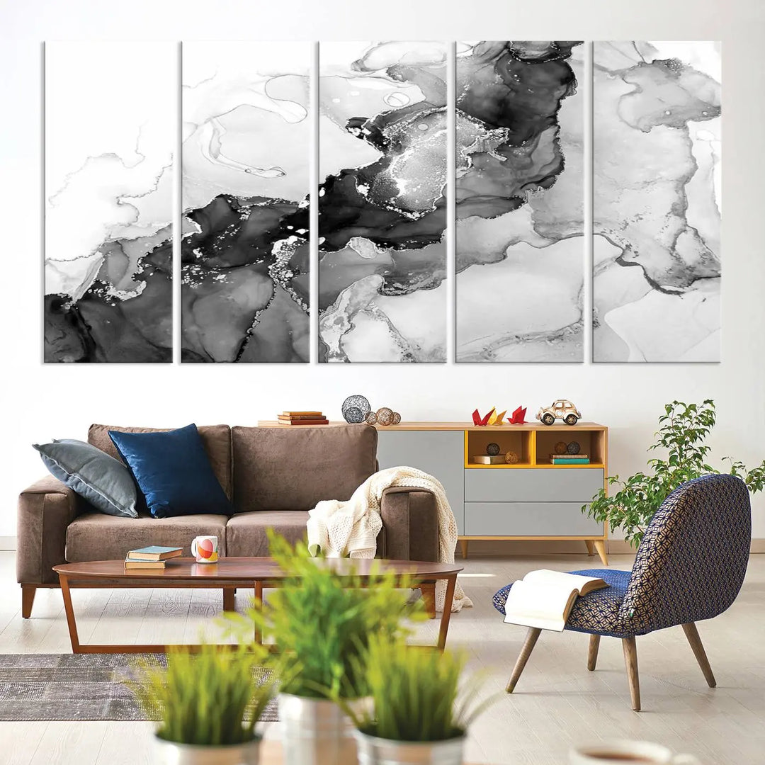 Modern living room showcasing a gallery-wrapped Black White Marble Abstract Wall Art Canvas Print.