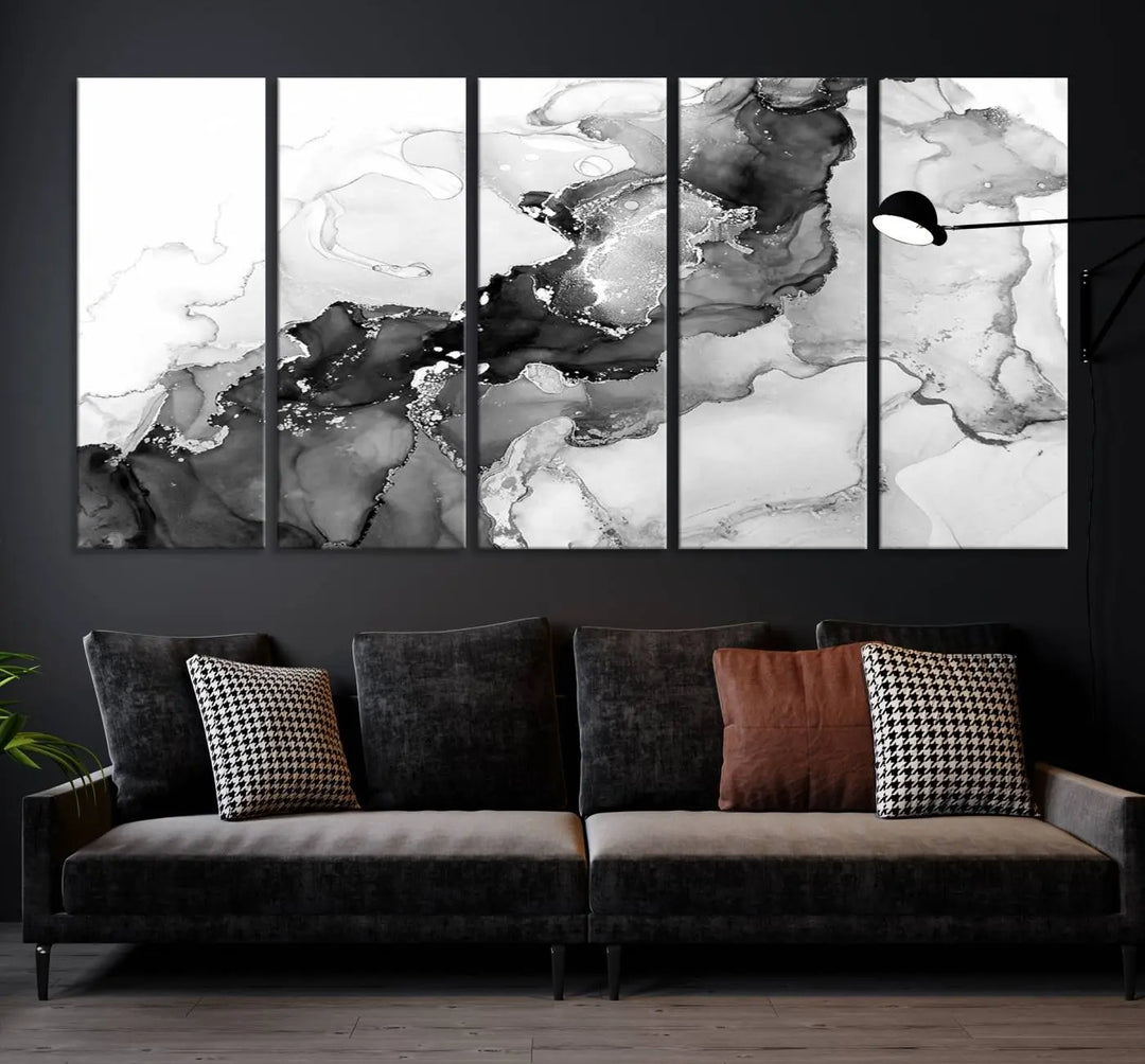 Modern living room showcasing a gallery-wrapped Black White Marble Abstract Wall Art Canvas Print.