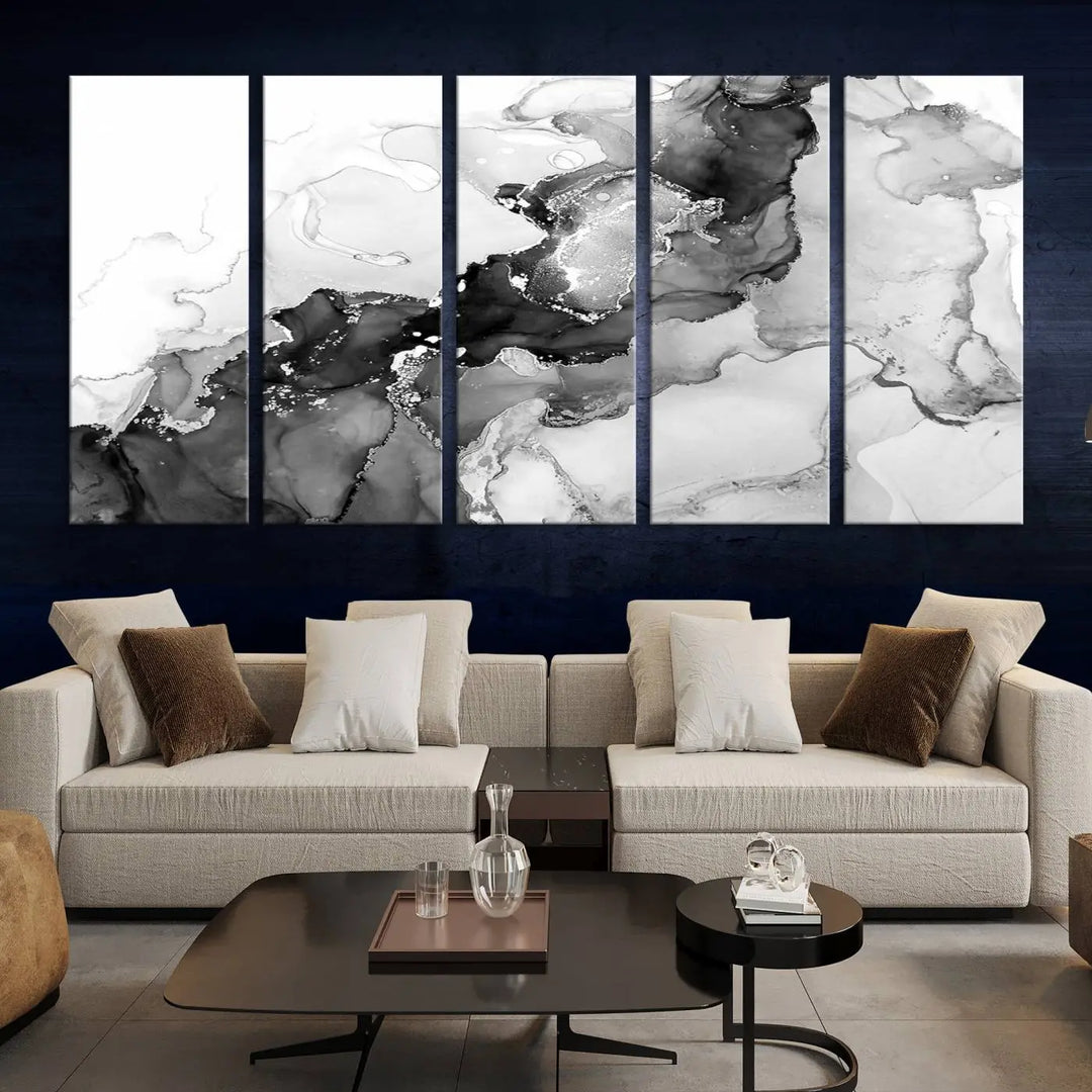 Modern living room showcasing a gallery-wrapped Black White Marble Abstract Wall Art Canvas Print.