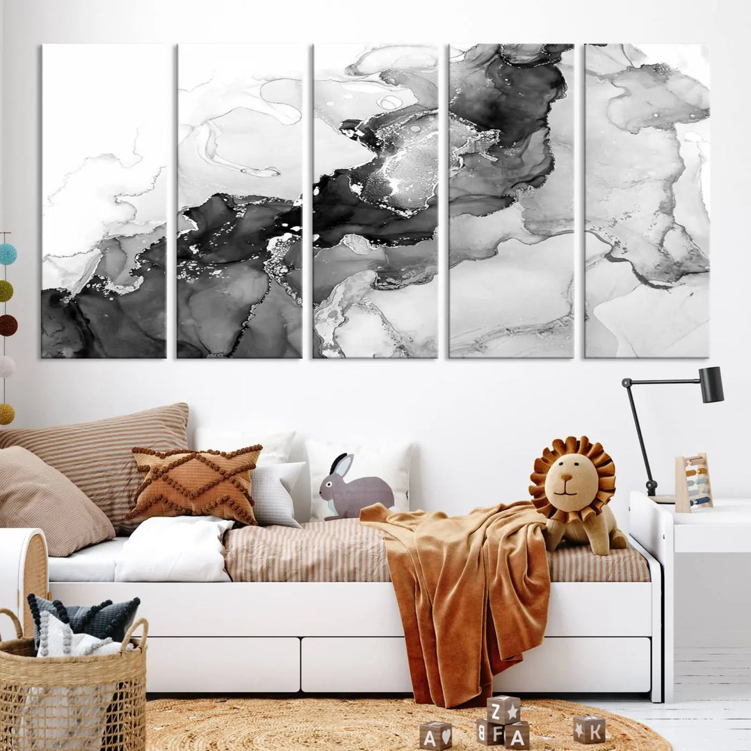 Modern living room showcasing a gallery-wrapped Black White Marble Abstract Wall Art Canvas Print.