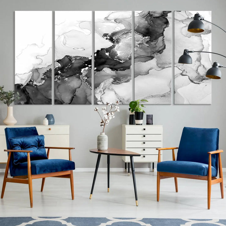 Modern living room showcasing a gallery-wrapped Black White Marble Abstract Wall Art Canvas Print.