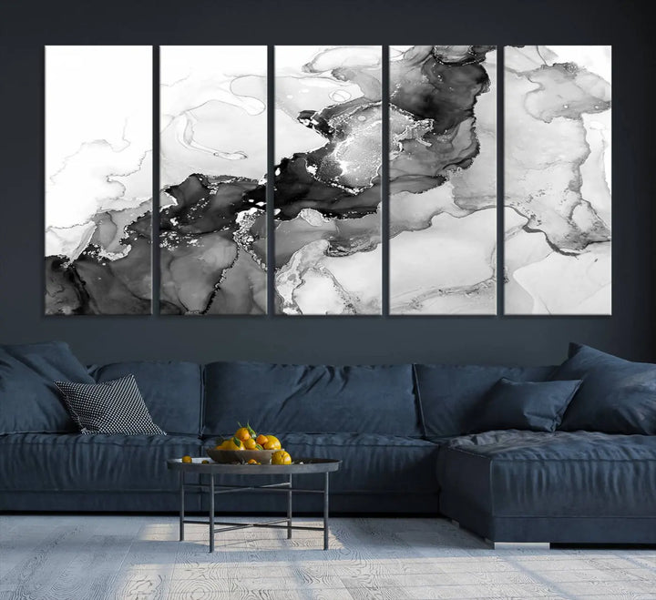 Modern living room showcasing a gallery-wrapped Black White Marble Abstract Wall Art Canvas Print.