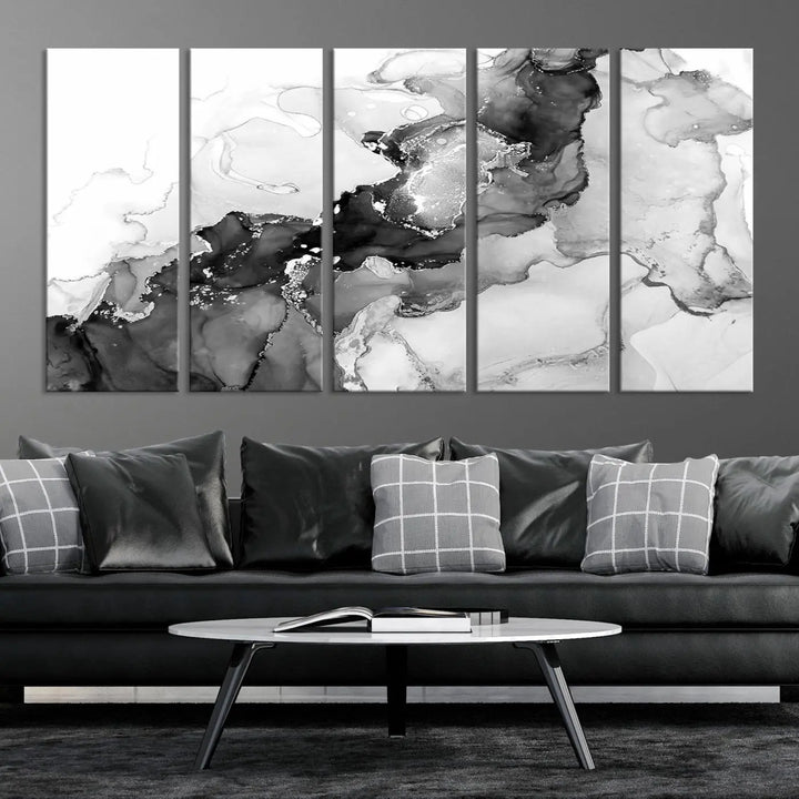 Modern living room showcasing a gallery-wrapped Black White Marble Abstract Wall Art Canvas Print.