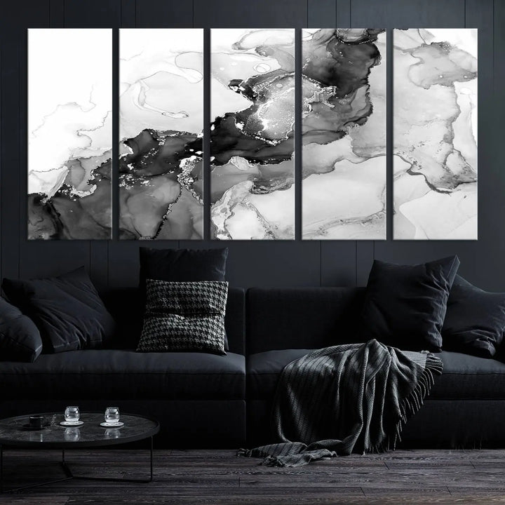 Modern living room showcasing a gallery-wrapped Black White Marble Abstract Wall Art Canvas Print.