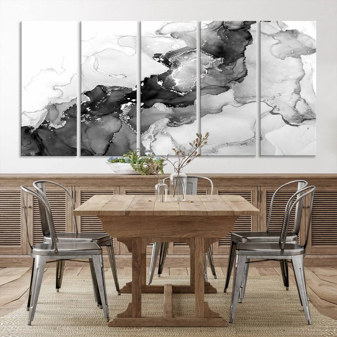 Modern living room showcasing a gallery-wrapped Black White Marble Abstract Wall Art Canvas Print.