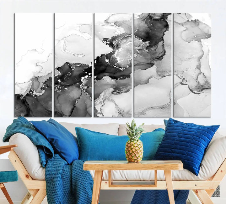 Modern living room showcasing a gallery-wrapped Black White Marble Abstract Wall Art Canvas Print.