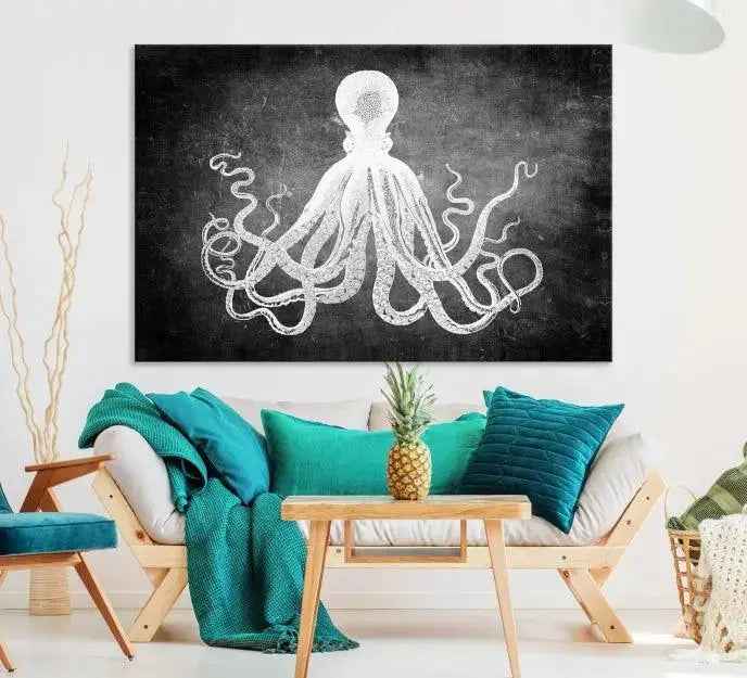 The Black White Octopus Wall Art Canvas Print is a captivating triptych featuring a white octopus against a dark background. Printed on museum-quality canvases, each piece boasts a UV-protective coating to maintain its vibrant elegance in any room.