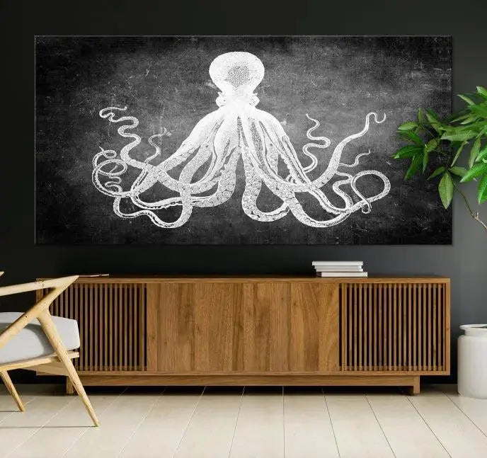 The Black White Octopus Wall Art Canvas Print is a captivating triptych featuring a white octopus against a dark background. Printed on museum-quality canvases, each piece boasts a UV-protective coating to maintain its vibrant elegance in any room.