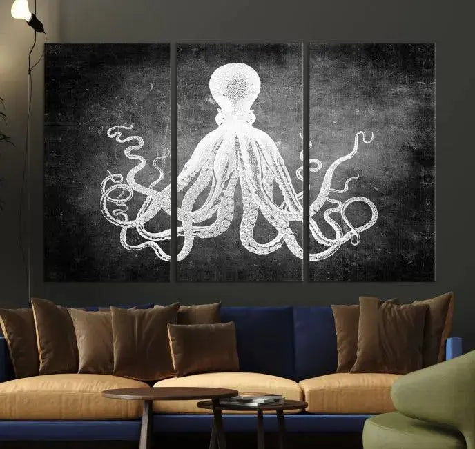 The Black White Octopus Wall Art Canvas Print is a captivating triptych featuring a white octopus against a dark background. Printed on museum-quality canvases, each piece boasts a UV-protective coating to maintain its vibrant elegance in any room.