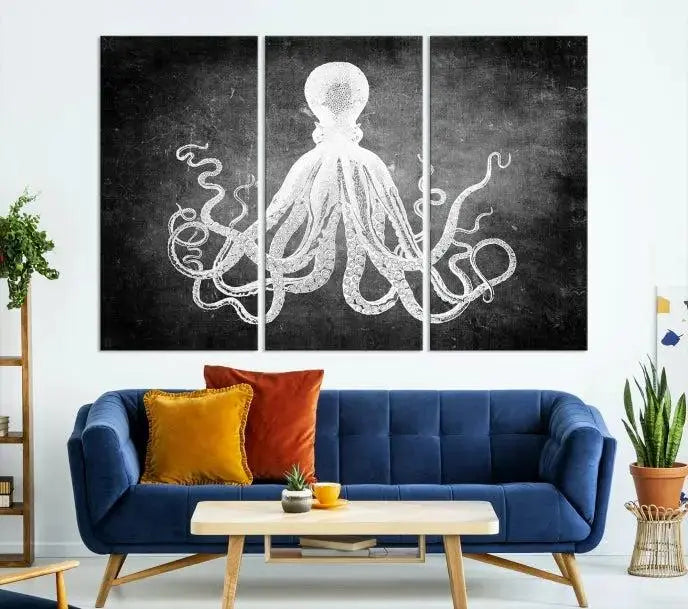 The Black White Octopus Wall Art Canvas Print is a captivating triptych featuring a white octopus against a dark background. Printed on museum-quality canvases, each piece boasts a UV-protective coating to maintain its vibrant elegance in any room.