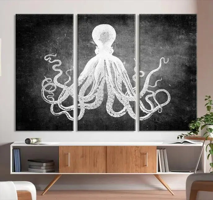 The Black White Octopus Wall Art Canvas Print is a captivating triptych featuring a white octopus against a dark background. Printed on museum-quality canvases, each piece boasts a UV-protective coating to maintain its vibrant elegance in any room.