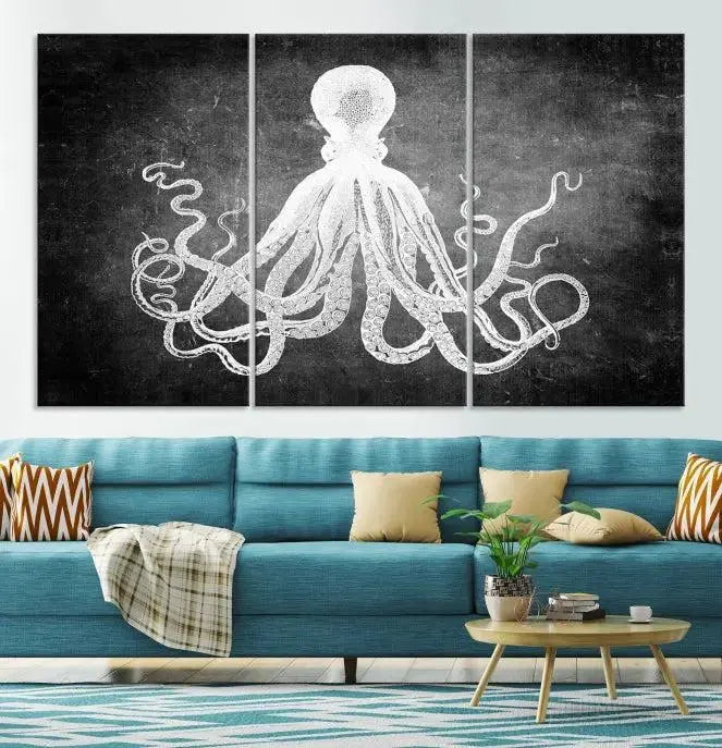 The Black White Octopus Wall Art Canvas Print is a captivating triptych featuring a white octopus against a dark background. Printed on museum-quality canvases, each piece boasts a UV-protective coating to maintain its vibrant elegance in any room.