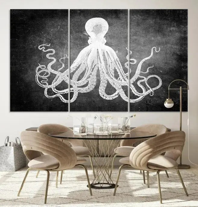 The Black White Octopus Wall Art Canvas Print is a captivating triptych featuring a white octopus against a dark background. Printed on museum-quality canvases, each piece boasts a UV-protective coating to maintain its vibrant elegance in any room.