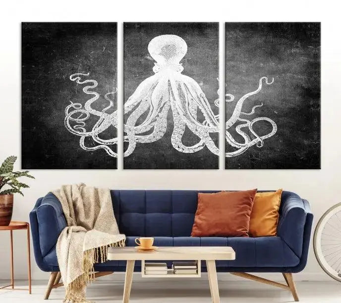 The Black White Octopus Wall Art Canvas Print is a captivating triptych featuring a white octopus against a dark background. Printed on museum-quality canvases, each piece boasts a UV-protective coating to maintain its vibrant elegance in any room.