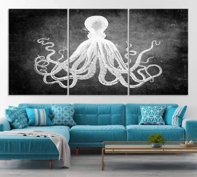 The Black White Octopus Wall Art Canvas Print is a captivating triptych featuring a white octopus against a dark background. Printed on museum-quality canvases, each piece boasts a UV-protective coating to maintain its vibrant elegance in any room.