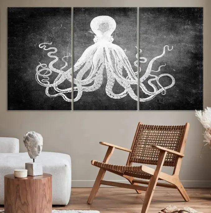 The Black White Octopus Wall Art Canvas Print is a captivating triptych featuring a white octopus against a dark background. Printed on museum-quality canvases, each piece boasts a UV-protective coating to maintain its vibrant elegance in any room.